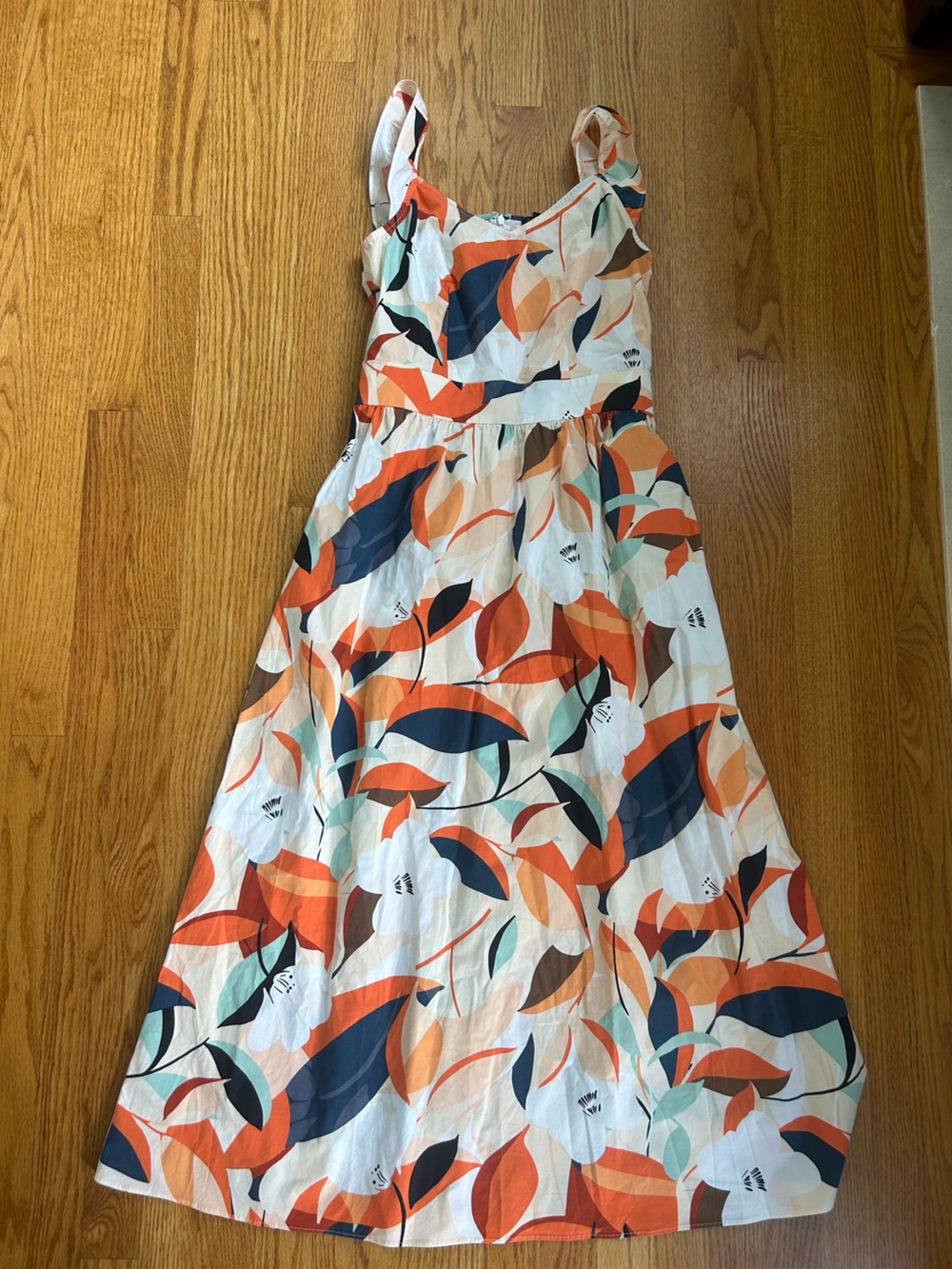 Ann Taylor Factory White Maxi Dress with Orange, Navy & Teal Leaf Print
